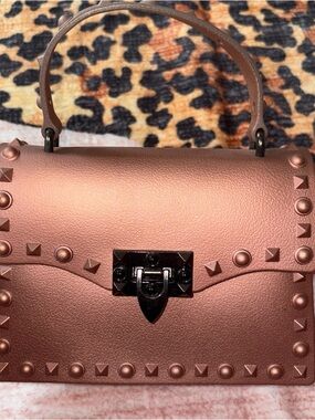 SHEIN Metallic Rose Brown Studded Top-Handle Satchel